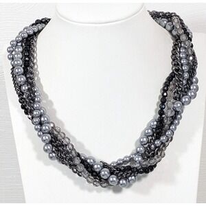 Premier Designs Gray Black Multi Strand Faux Pearl Statement Necklace 22"